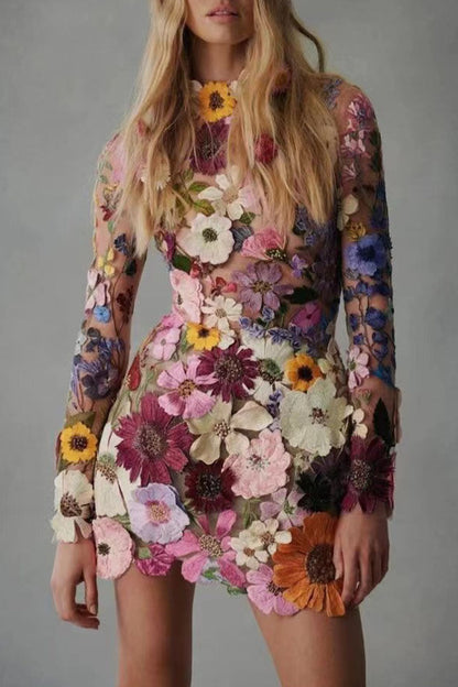 Vestidos de falda de un solo paso con cuello alto y apliques de patchwork dulces