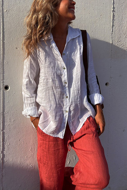 Blusa informal con botones de mezcla de lino Problem Solved