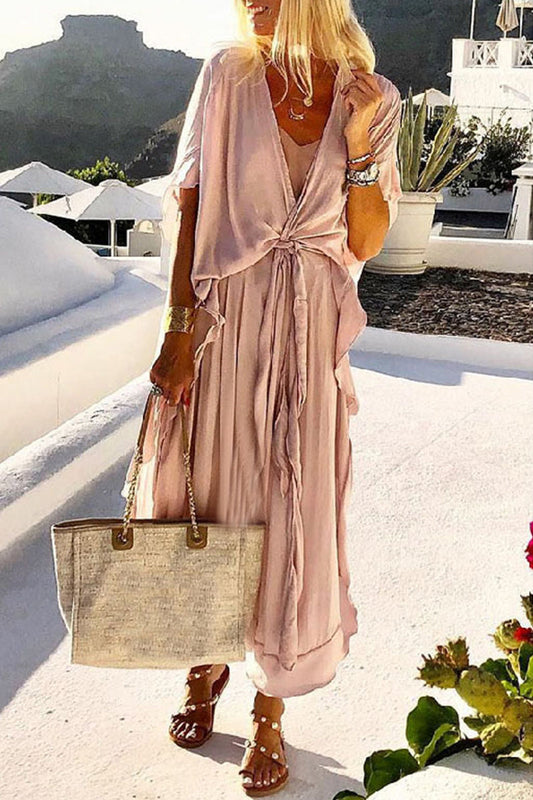 Vestidos casuales de vacaciones con cuello en V y frenillo liso en forma de A