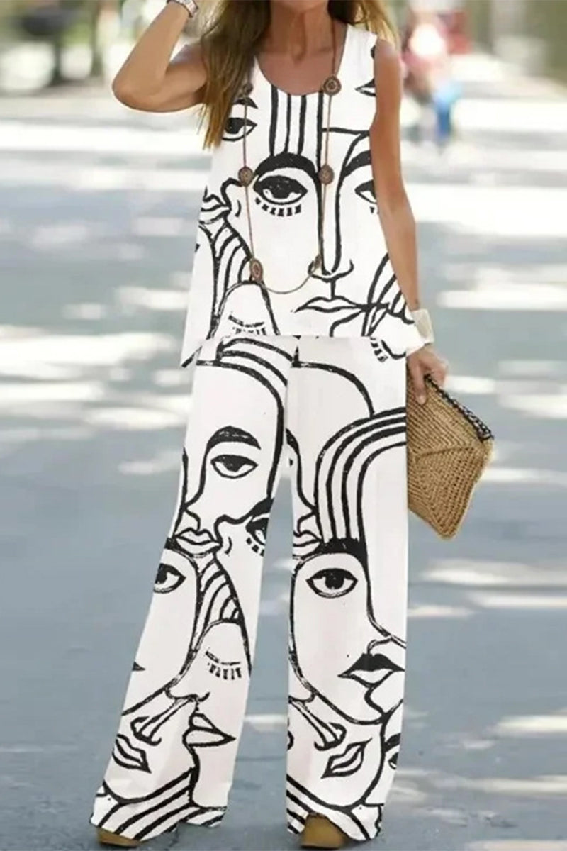 Conjunto informal de dos piezas sin mangas con cuello redondo y estampado de patchwork (9 colores)