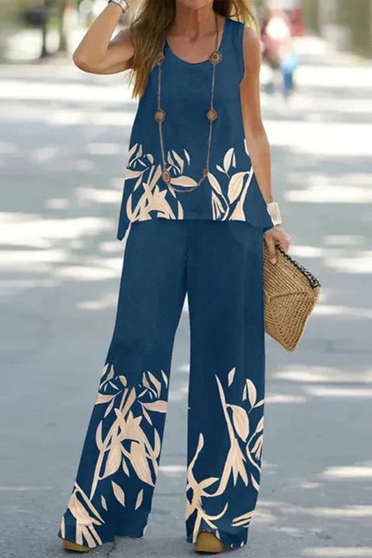 Conjunto informal de dos piezas sin mangas con cuello redondo y estampado de patchwork (9 colores)
