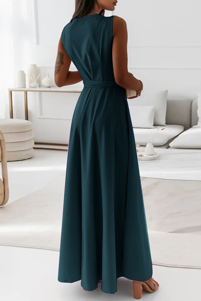 Vestidos de noche elegantes de celebridades con escote en V y cinturón liso.