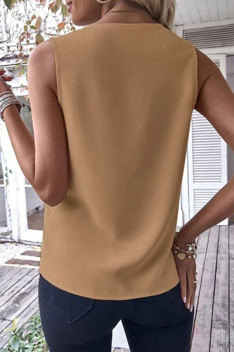Tops casuales sencillos con cuello en V y parches lisos (4 colores)