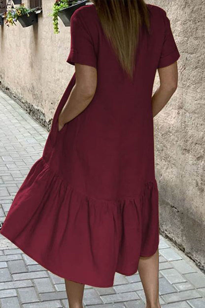 Vestido informal de color liso con cuello redondo y manga corta (3 colores)