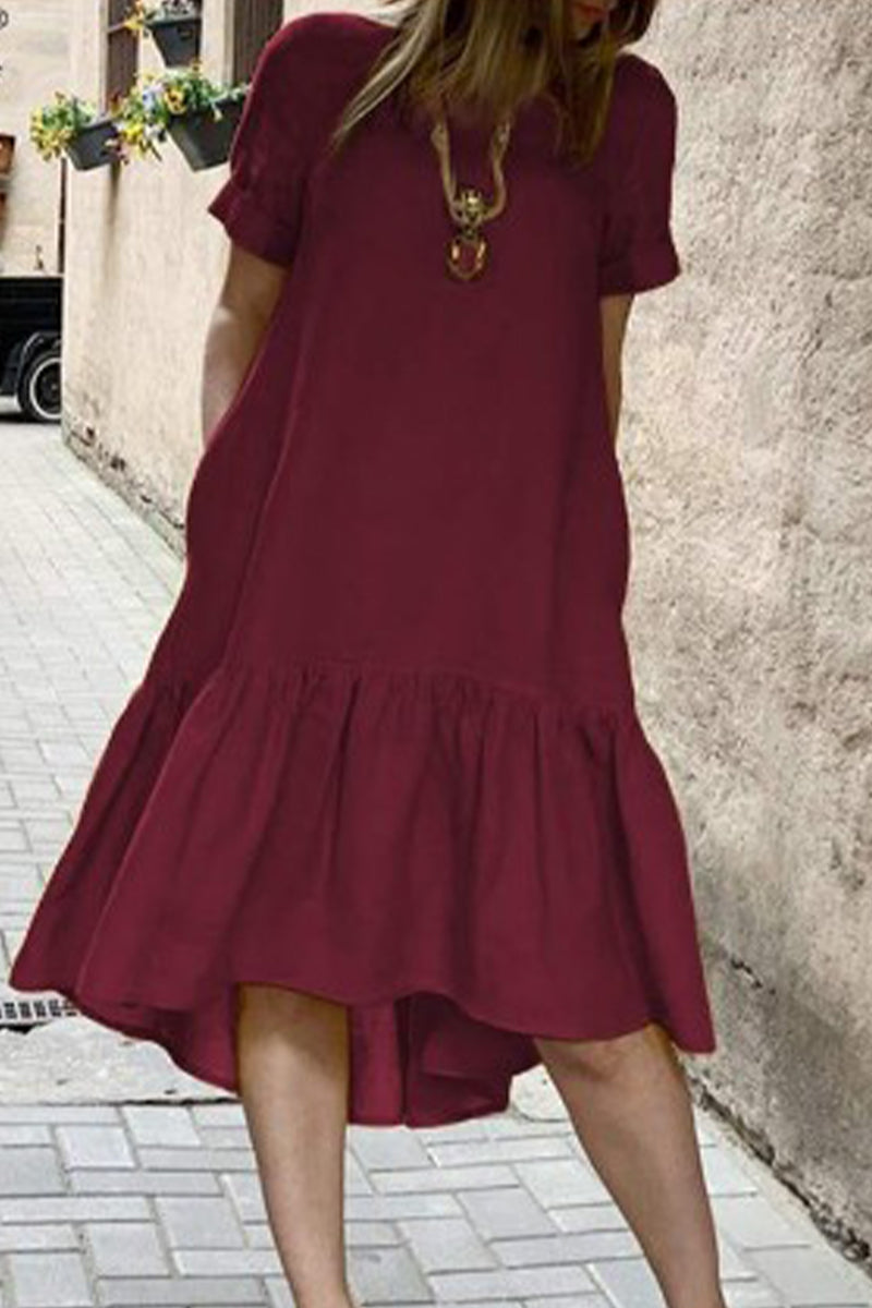 Vestido informal de color liso con cuello redondo y manga corta (3 colores)