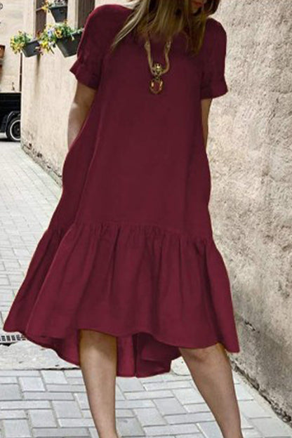 Vestido informal de color liso con cuello redondo y manga corta (3 colores)
