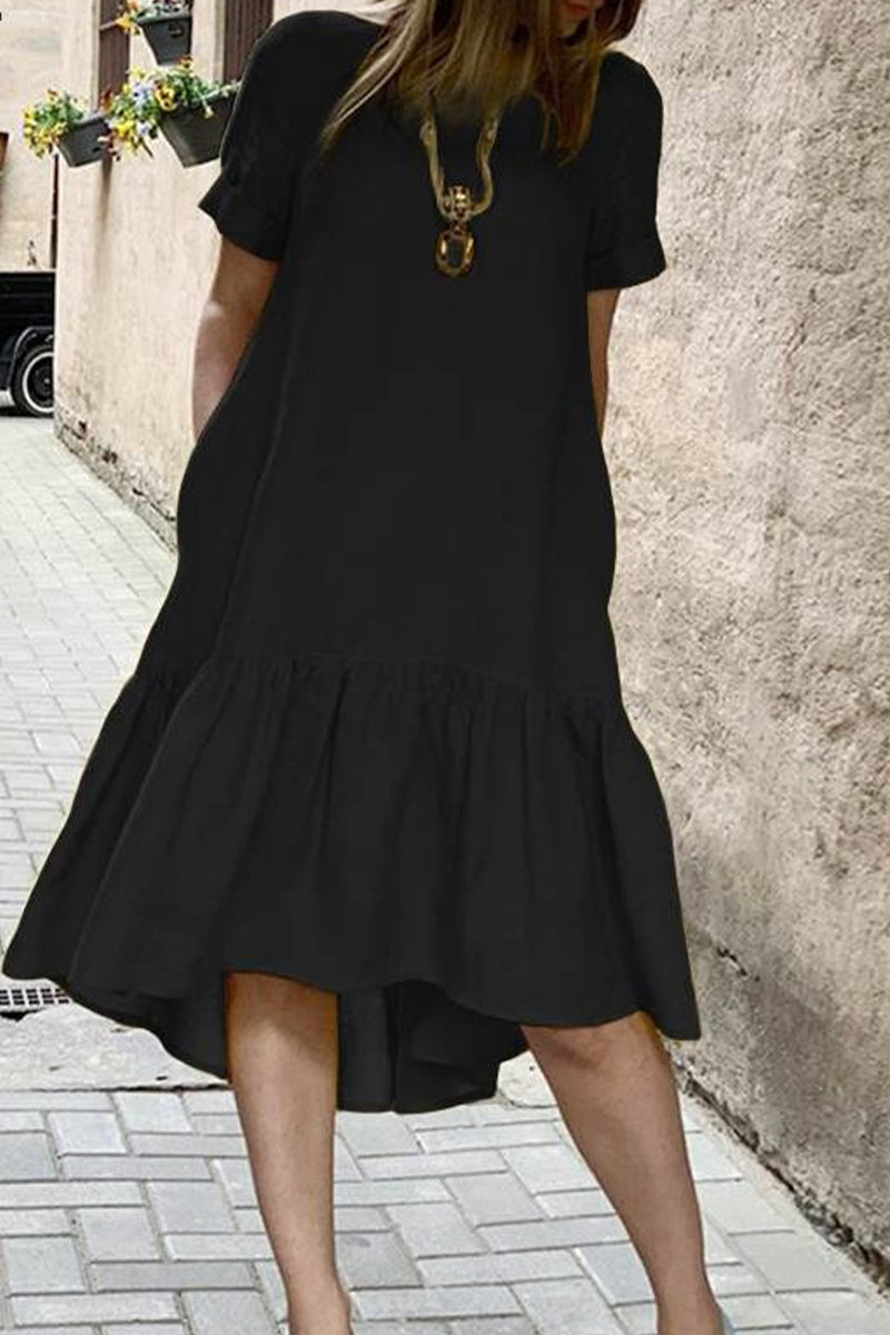 Vestido informal de color liso con cuello redondo y manga corta (3 colores)