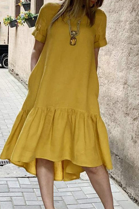 Vestido informal de color liso con cuello redondo y manga corta (3 colores)