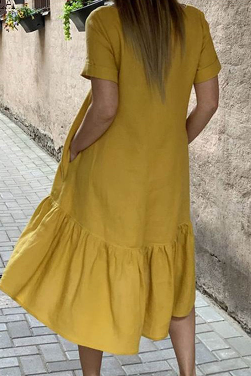 Vestido informal de color liso con cuello redondo y manga corta (3 colores)
