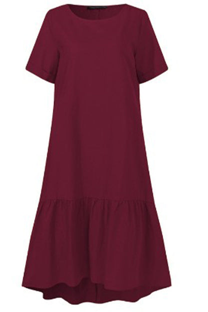 Vestido informal de color liso con cuello redondo y manga corta (3 colores)