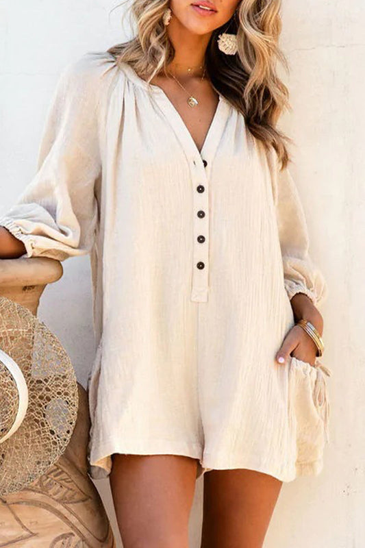 Mono holgado informal sencillo con cuello en V y bolsillos lisos
