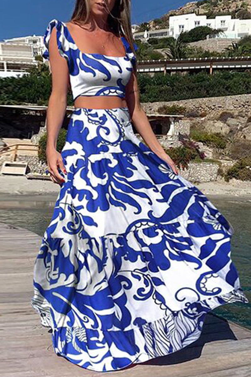 Conjunto de dos piezas sin mangas con cuello cuadrado y patchwork con estampado de vacaciones bohemio