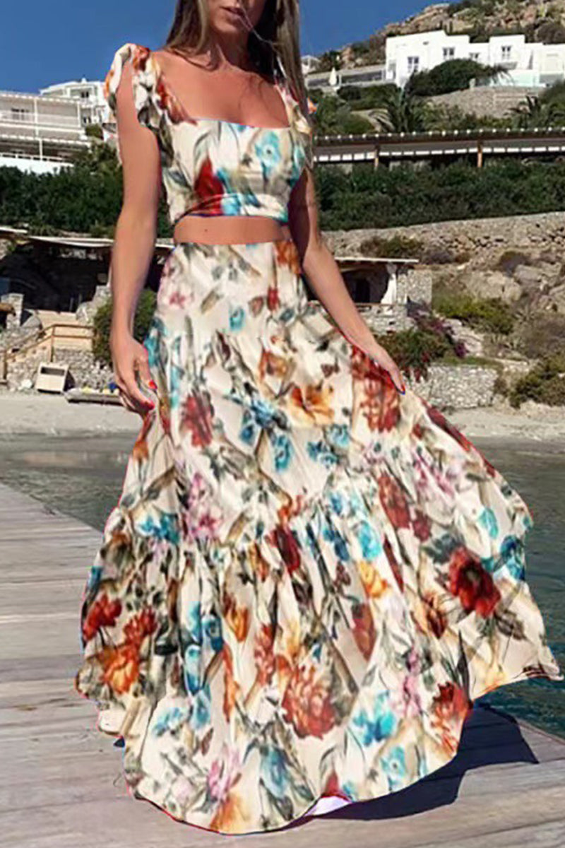 Conjunto de dos piezas sin mangas con cuello cuadrado y patchwork con estampado de vacaciones bohemio