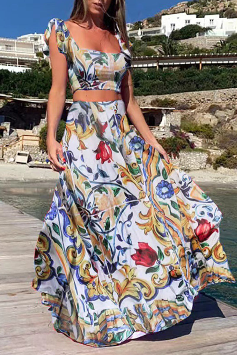 Conjunto de dos piezas sin mangas con cuello cuadrado y patchwork con estampado de vacaciones bohemio
