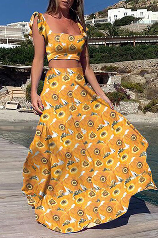 Conjunto de dos piezas sin mangas con cuello cuadrado y patchwork con estampado de vacaciones bohemio