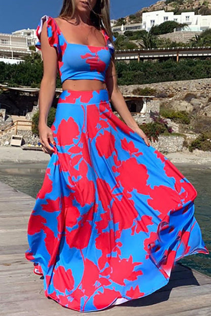 Conjunto de dos piezas sin mangas con cuello cuadrado y patchwork con estampado de vacaciones bohemio