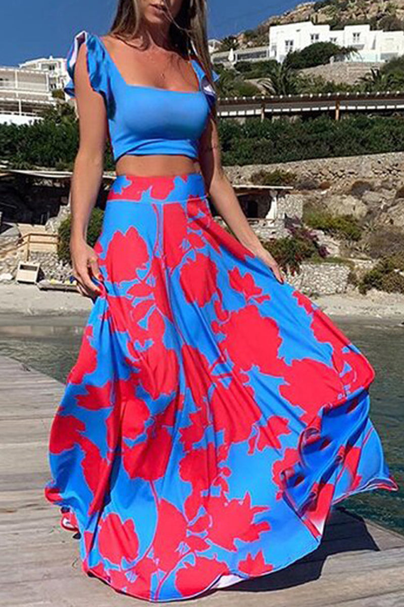 Conjunto de dos piezas sin mangas con cuello cuadrado y patchwork con estampado de vacaciones bohemio