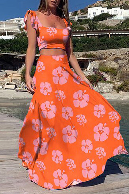 Conjunto de dos piezas sin mangas con cuello cuadrado y patchwork con estampado de vacaciones bohemio