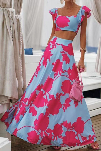 Conjunto de dos piezas sin mangas con cuello cuadrado y patchwork con estampado de vacaciones bohemio