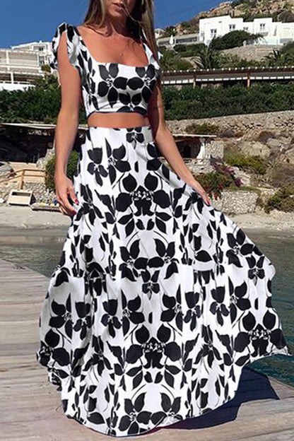 Conjunto de dos piezas sin mangas con cuello cuadrado y patchwork con estampado de vacaciones bohemio