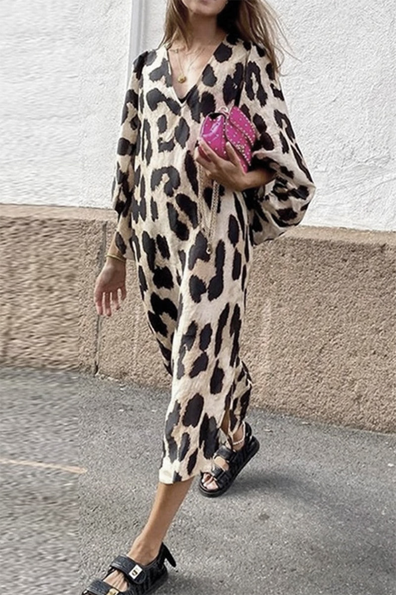 Vestidos elegantes de moda con cuello en V y abertura con patchwork de leopardo