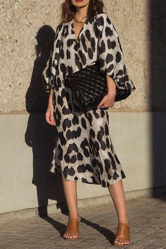 Vestidos elegantes de moda con cuello en V y abertura con patchwork de leopardo