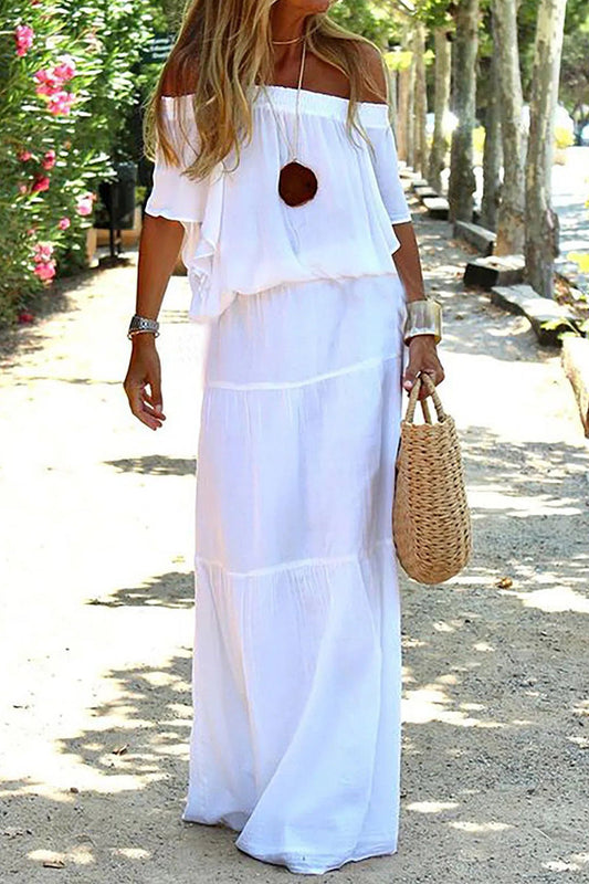 Vestido playero informal de manga corta con hombros descubiertos, liso y para uso diario (3 colores)