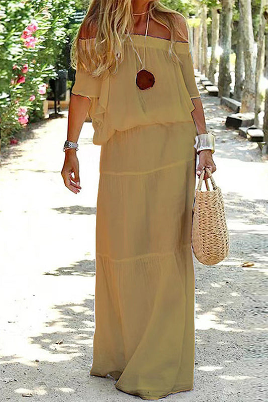 Vestido playero informal de manga corta con hombros descubiertos, liso y para uso diario (3 colores)