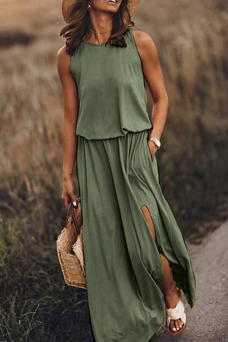 Vestidos casuales de falda con abertura en la cintura y cuello redondo (8 colores)
