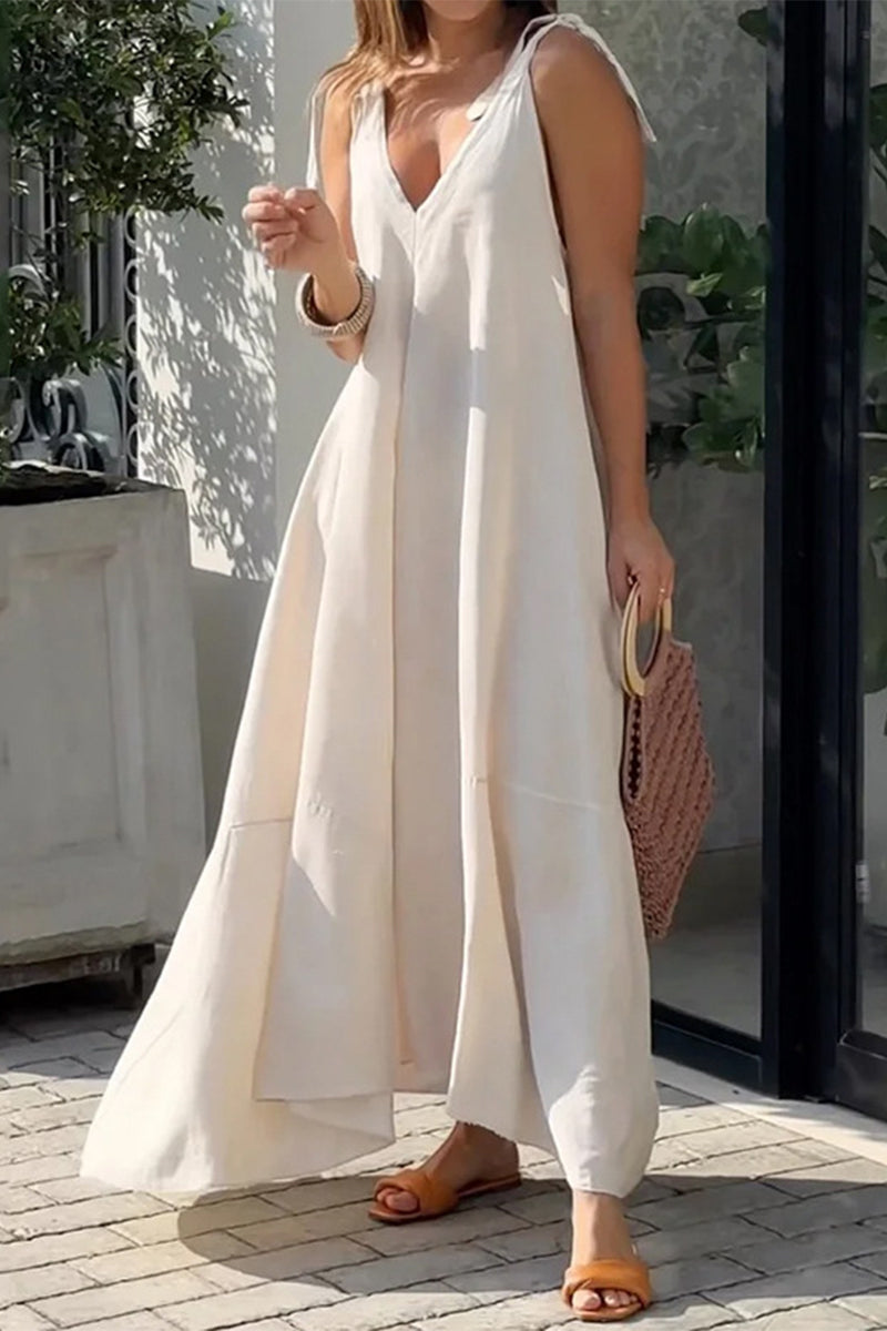 Vestido playero informal de vacaciones con cuello en V y botones lisos