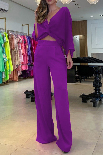 Conjunto de dos piezas tres cuartos con escote en V y frenillo liso de estilo informal y sencillo