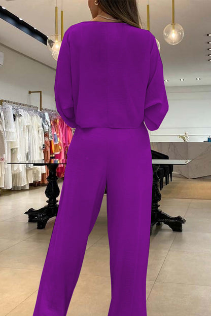 Conjunto de dos piezas tres cuartos con escote en V y frenillo liso de estilo informal y sencillo
