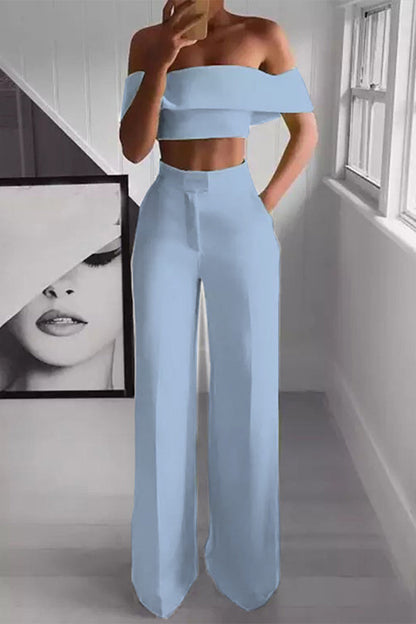 Conjunto de dos piezas de manga corta con hombros descubiertos, sexy y sencillo (5 colores)