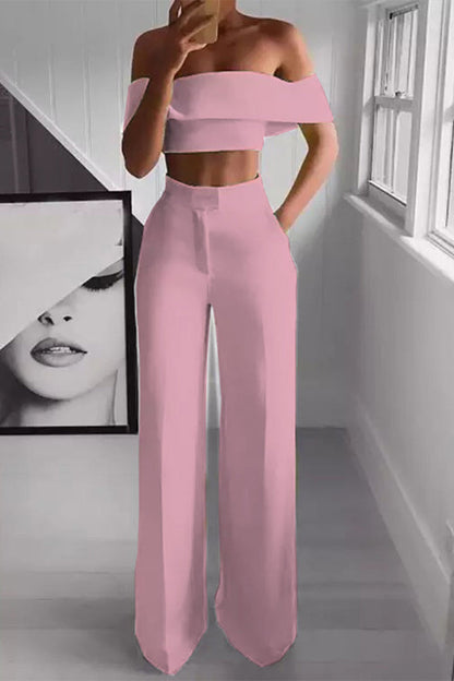 Conjunto de dos piezas de manga corta con hombros descubiertos, sexy y sencillo (5 colores)