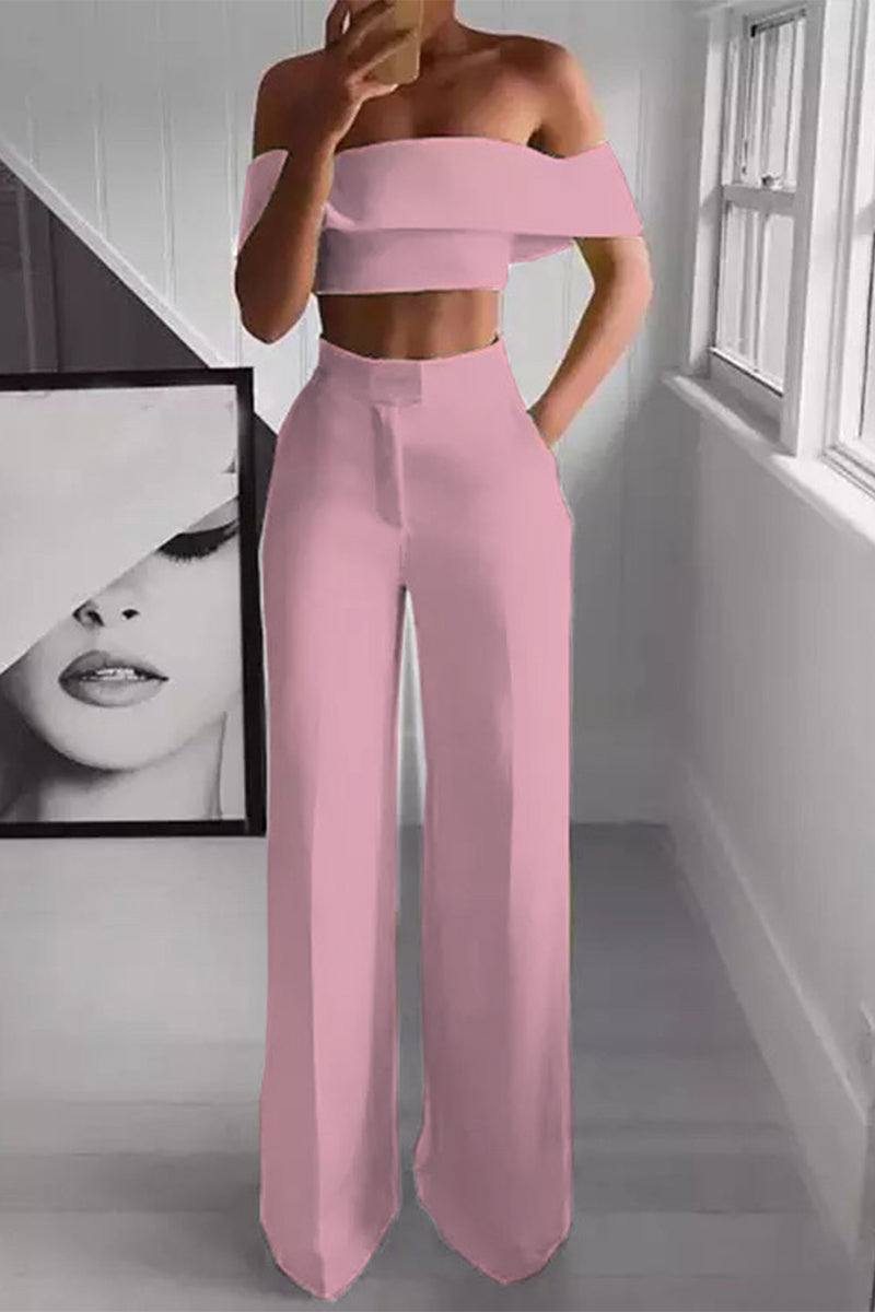 Conjunto de dos piezas de manga corta con hombros descubiertos, sexy y sencillo (5 colores)