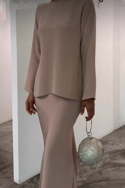 Celebridades Elegante Conjunto de Dos Piezas de Manga Larga con Cuello Redondo y Perla Lisa