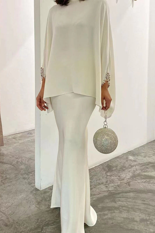 Celebridades Elegante Conjunto de Dos Piezas de Manga Larga con Cuello Redondo y Perla Lisa