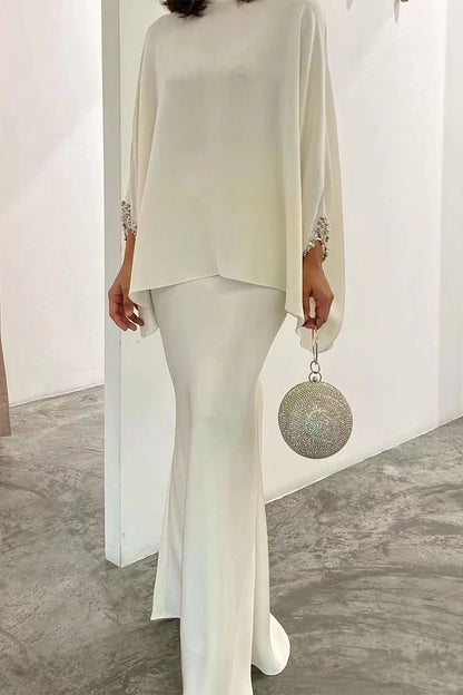Celebridades Elegante Conjunto de Dos Piezas de Manga Larga con Cuello Redondo y Perla Lisa