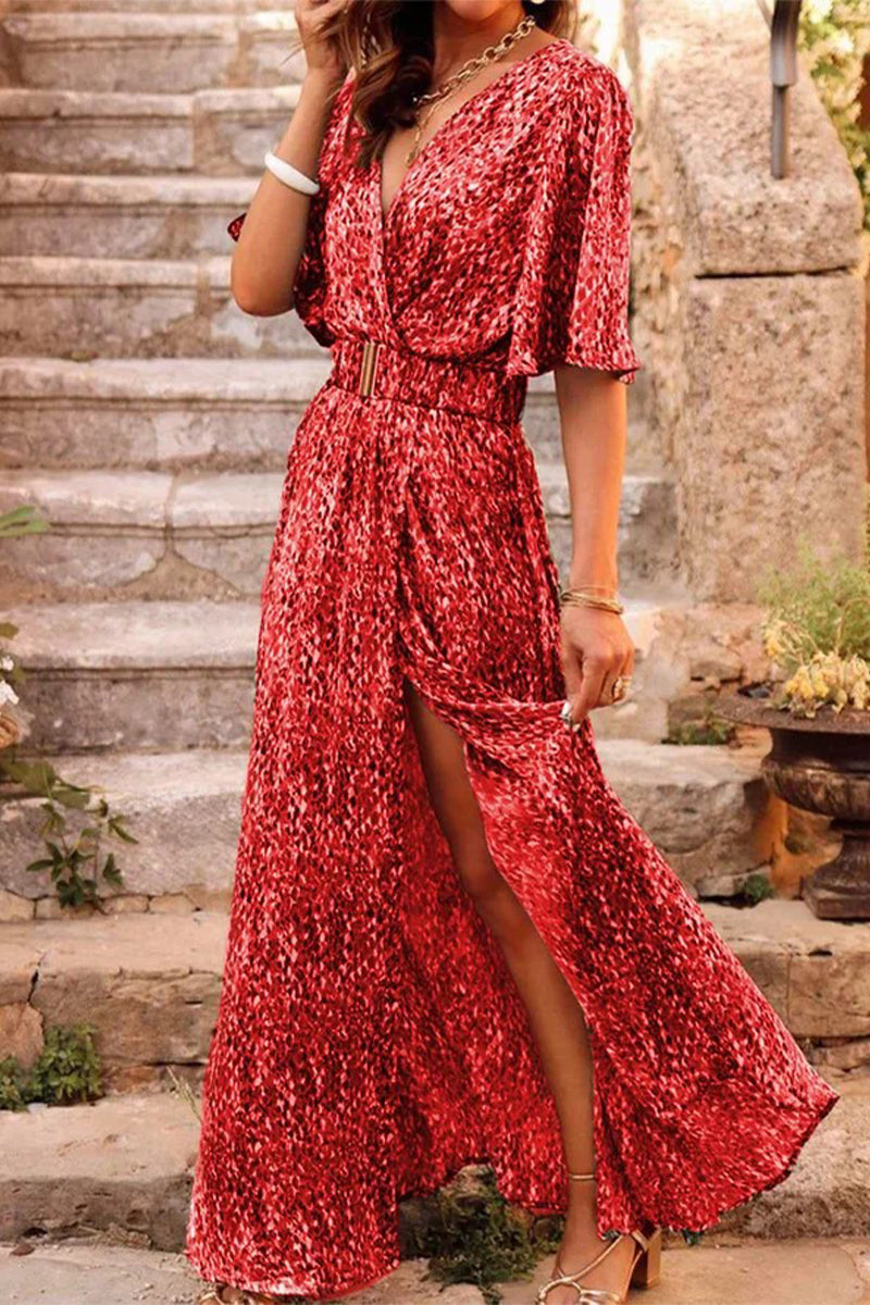 Vestidos bohemios universitarios con estampado floral y cinturón, cuello en V y falda (5 colores)