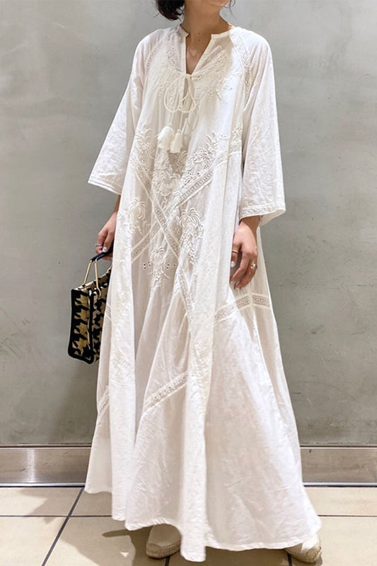 Vestidos casuales elegantes de corte A con escote en V y frenillo bordado liso