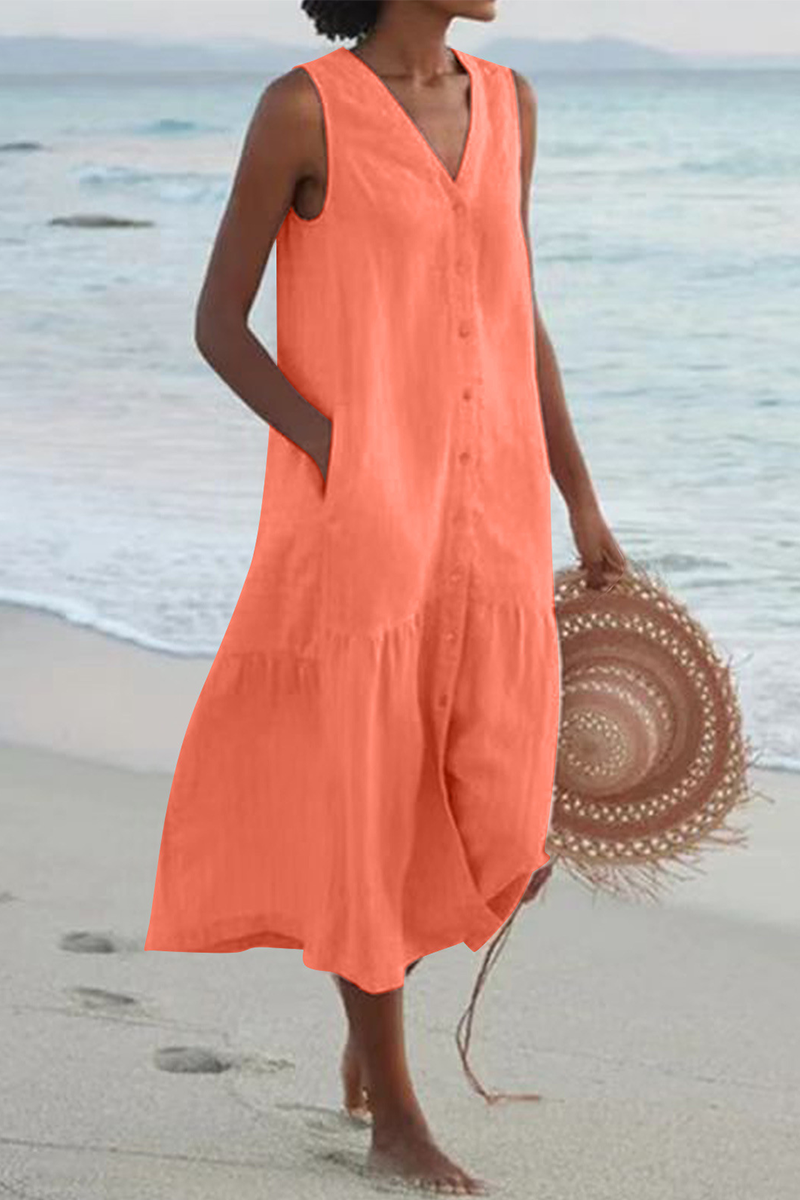 Vestidos casuales con falda pastel y escote en V y hebilla sólida