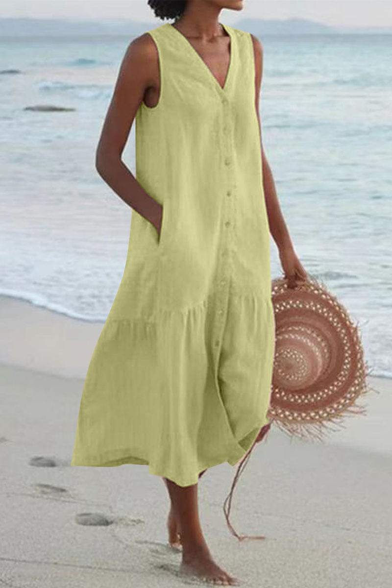 Vestidos casuales con falda pastel y escote en V y hebilla sólida