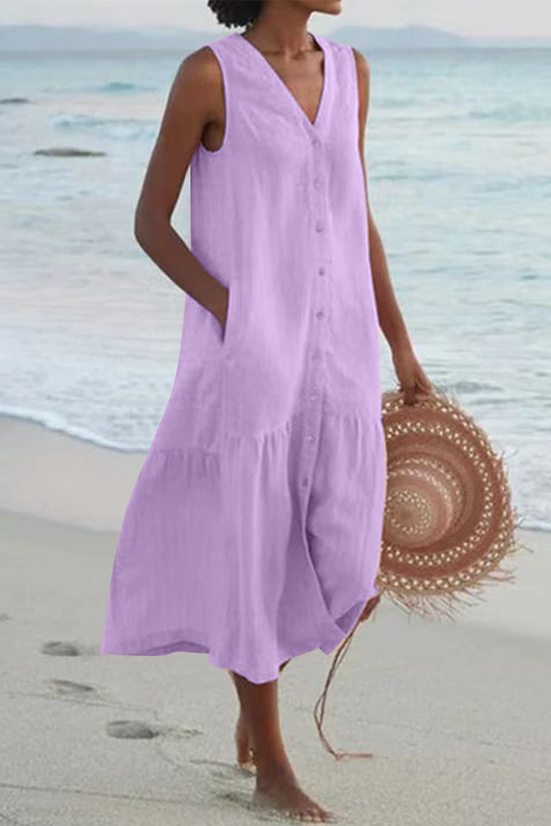 Vestidos casuales con falda pastel y escote en V y hebilla sólida