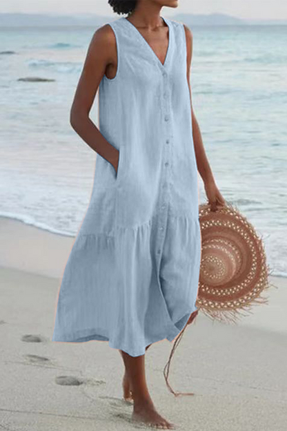 Vestidos casuales con falda pastel y escote en V y hebilla sólida