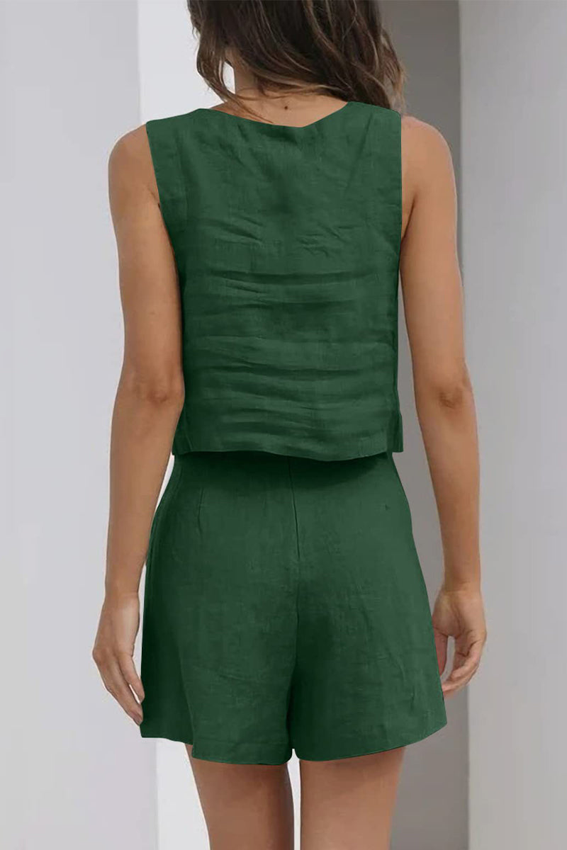 Conjunto informal sencillo de dos piezas, sin mangas, con cuello cuadrado y bolsillo liso (16 colores)