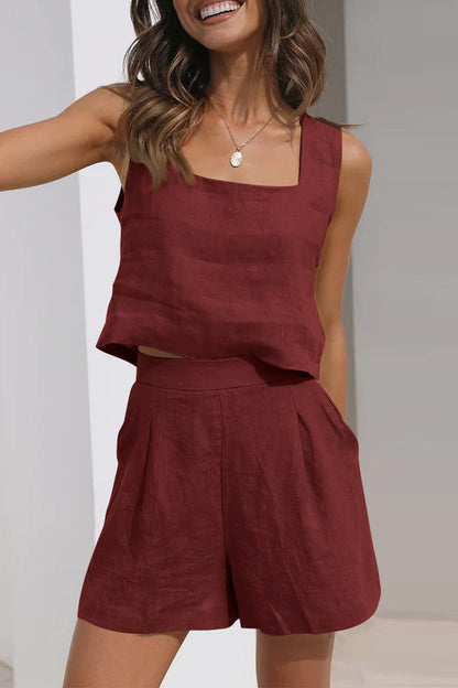 Conjunto informal sencillo de dos piezas, sin mangas, con cuello cuadrado y bolsillo liso (16 colores)