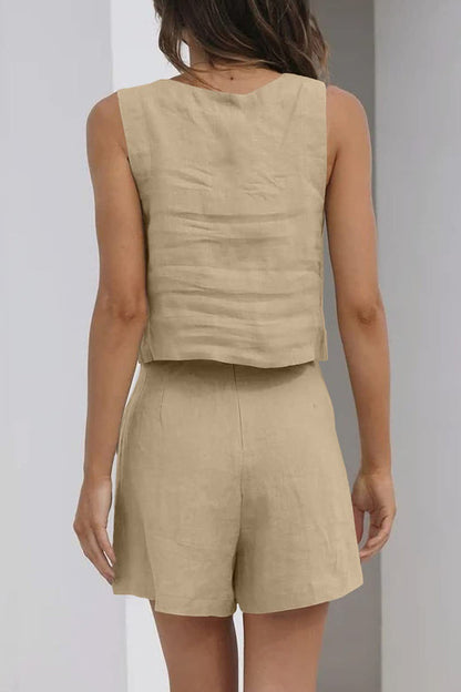 Conjunto informal sencillo de dos piezas, sin mangas, con cuello cuadrado y bolsillo liso (16 colores)