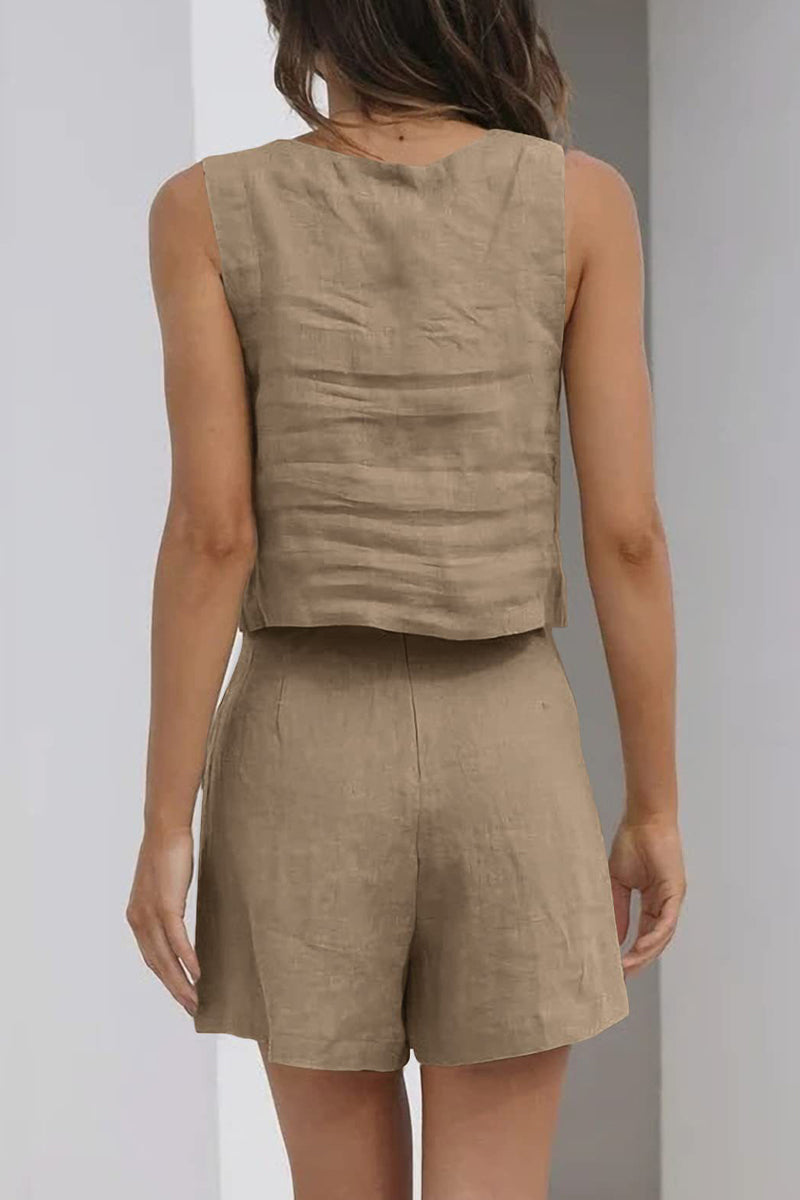 Conjunto informal sencillo de dos piezas, sin mangas, con cuello cuadrado y bolsillo liso (16 colores)