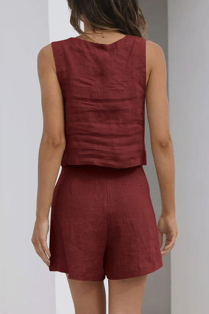 Conjunto informal sencillo de dos piezas, sin mangas, con cuello cuadrado y bolsillo liso (16 colores)