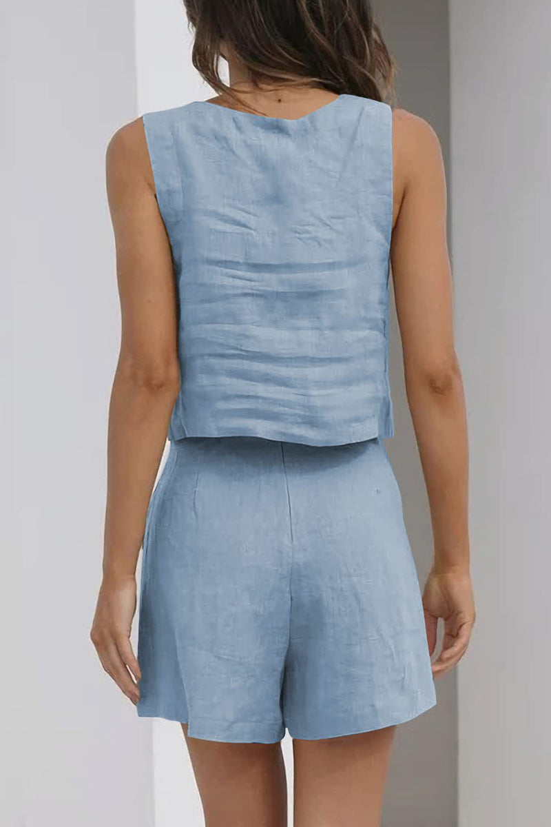 Conjunto informal sencillo de dos piezas, sin mangas, con cuello cuadrado y bolsillo liso (16 colores)
